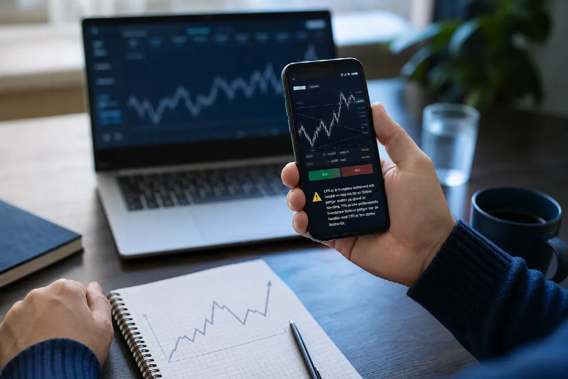 Handelsapp med diagram över en CFD-position och riskmärkning på mobilskärm
