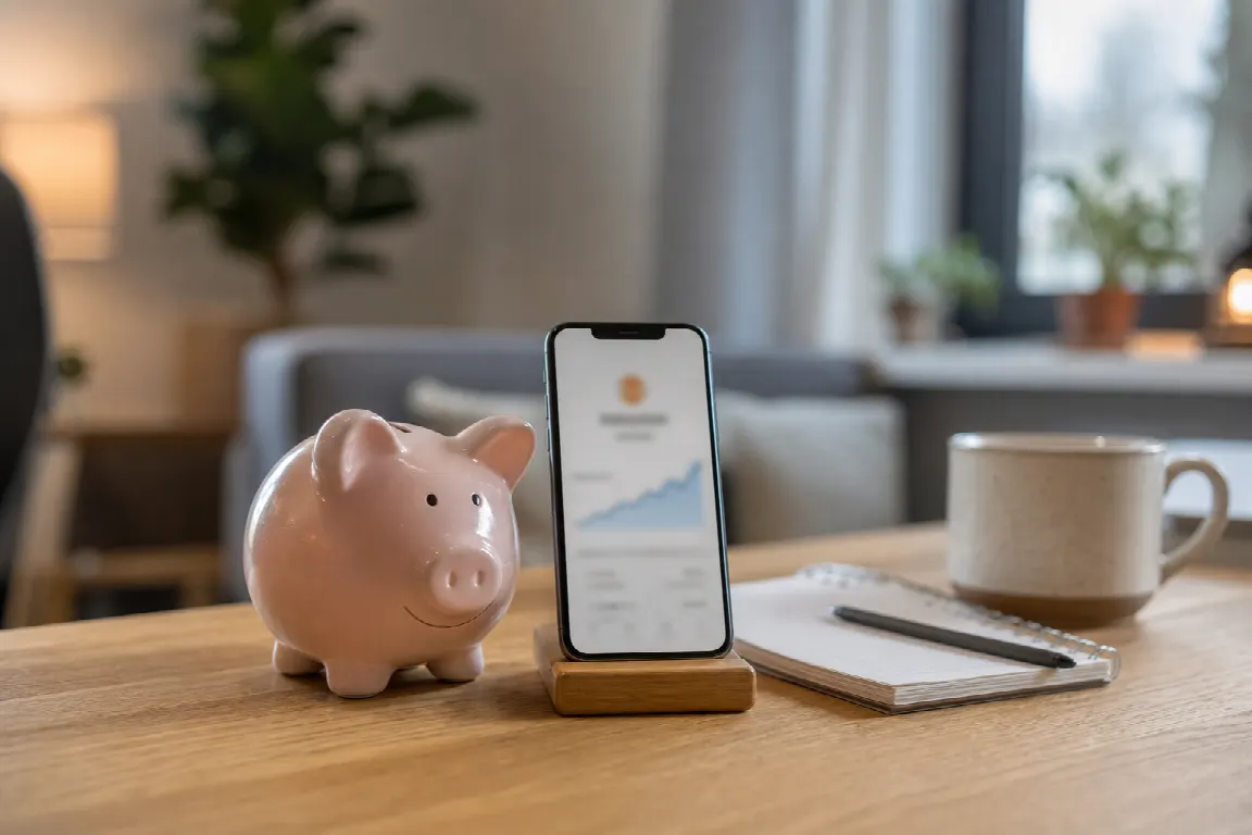 Spargris bredvid en mobilskärm som visar ett automatiskt månadssparande i fonder till ett barn