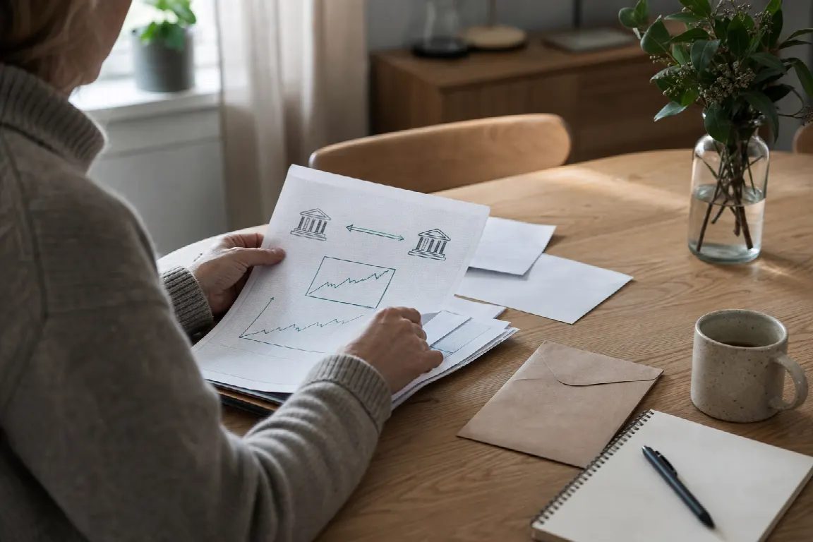 Illustration av värdepapper som flyttas från en bank till en annan bank via ISK