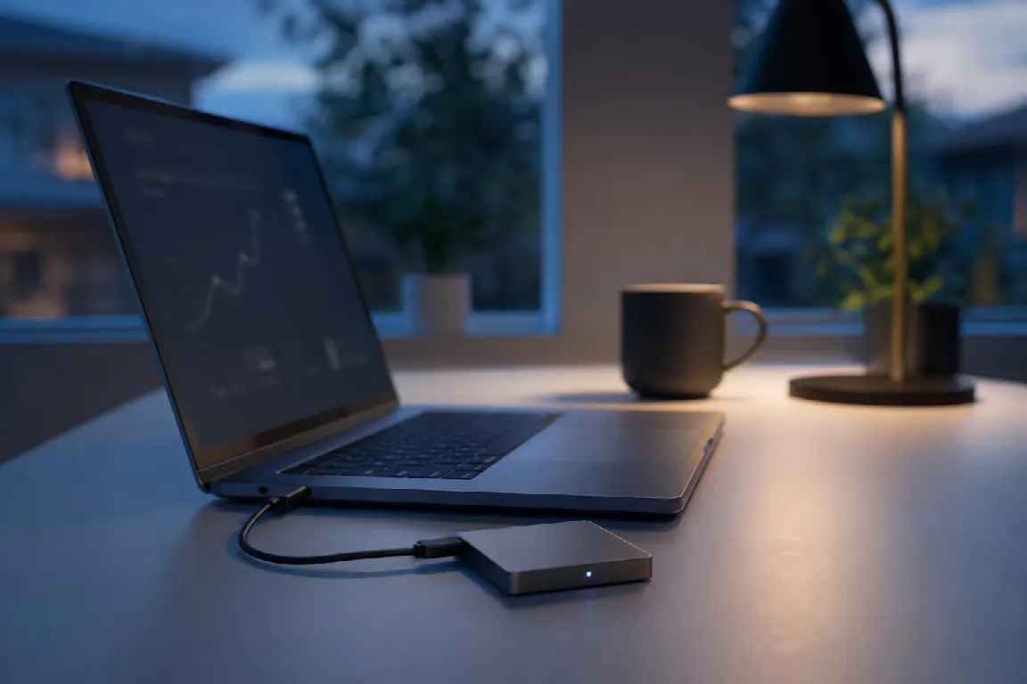 Hårdvaruplånbok kopplad till en dator, illustrerad i minimalistisk fintech-stil