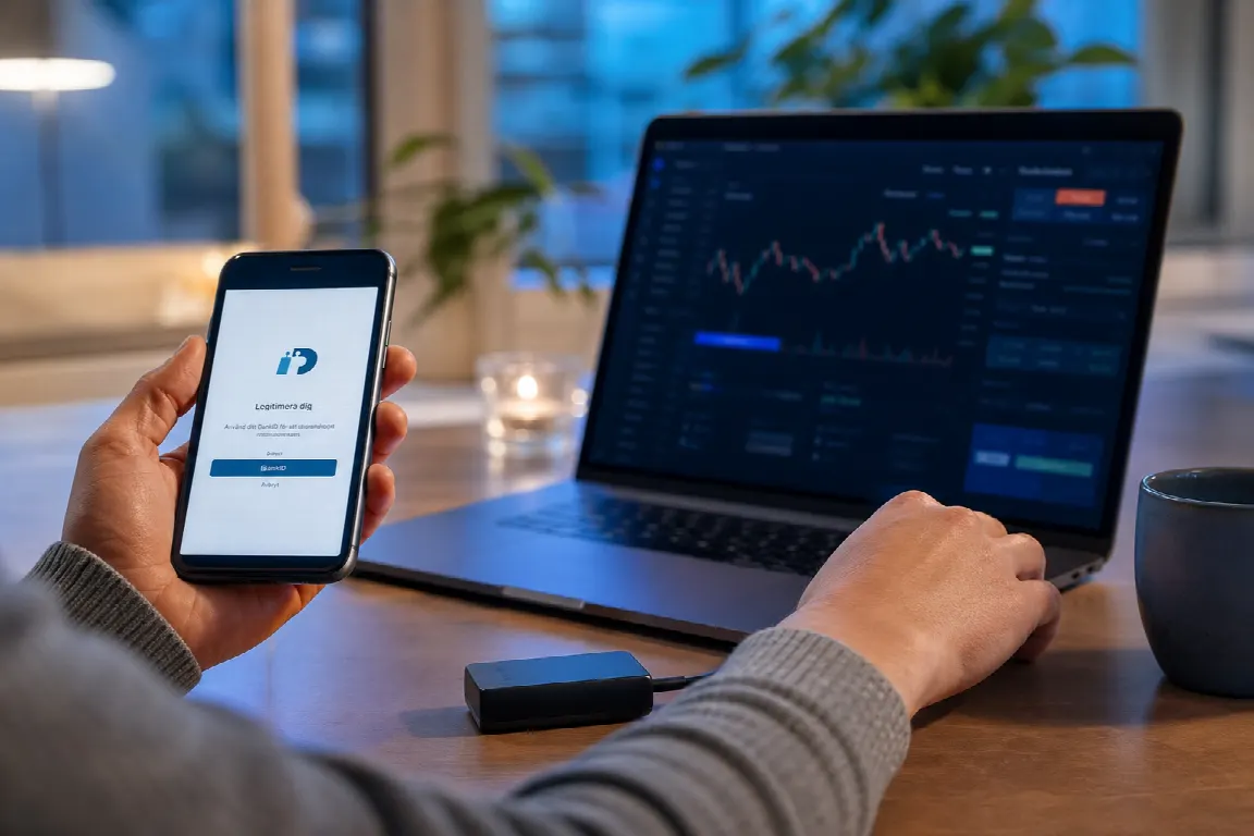 Mobiltelefon med BankID-legitimering bredvid en dator som visar en kryptoplattform
