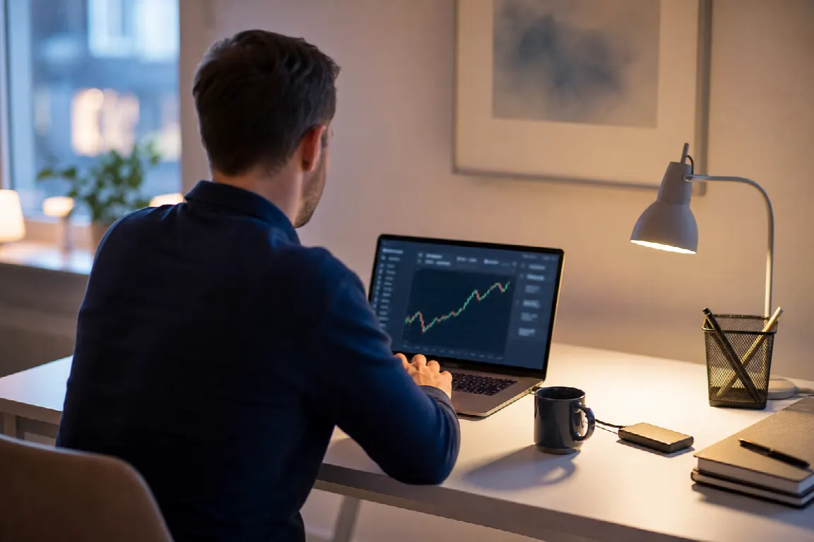 Person som läser på om kryptovaluta på en bärbar dator vid ett skrivbord