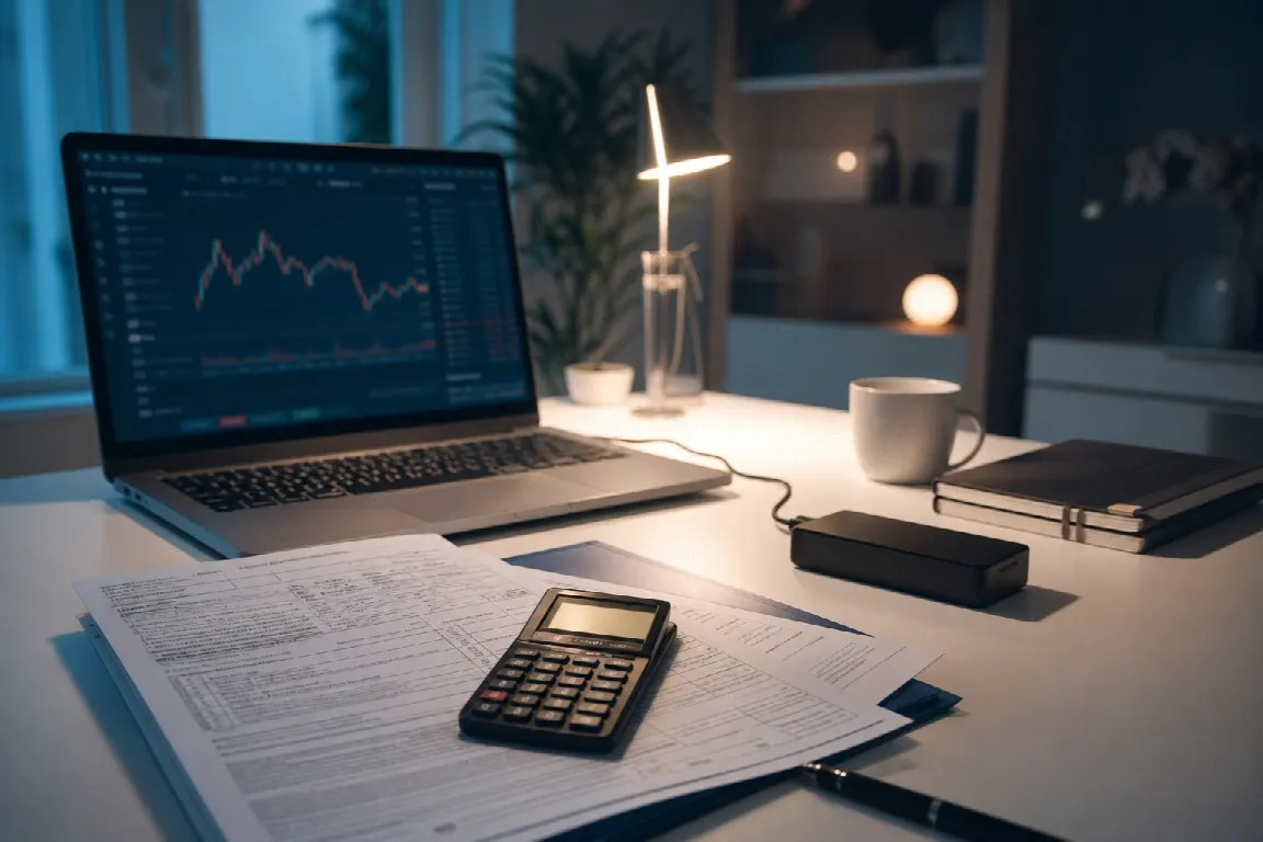 Skattedeklaration och miniräknare bredvid en dator som visar en kryptoplattform
