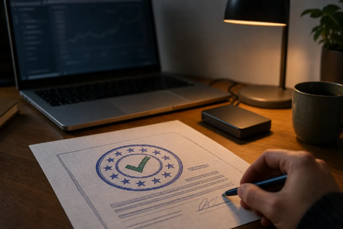 En stämpel med EU-stjärnor över ett dokument, symbol för MiCA-förordningens tillstånd för kryptoplattformar