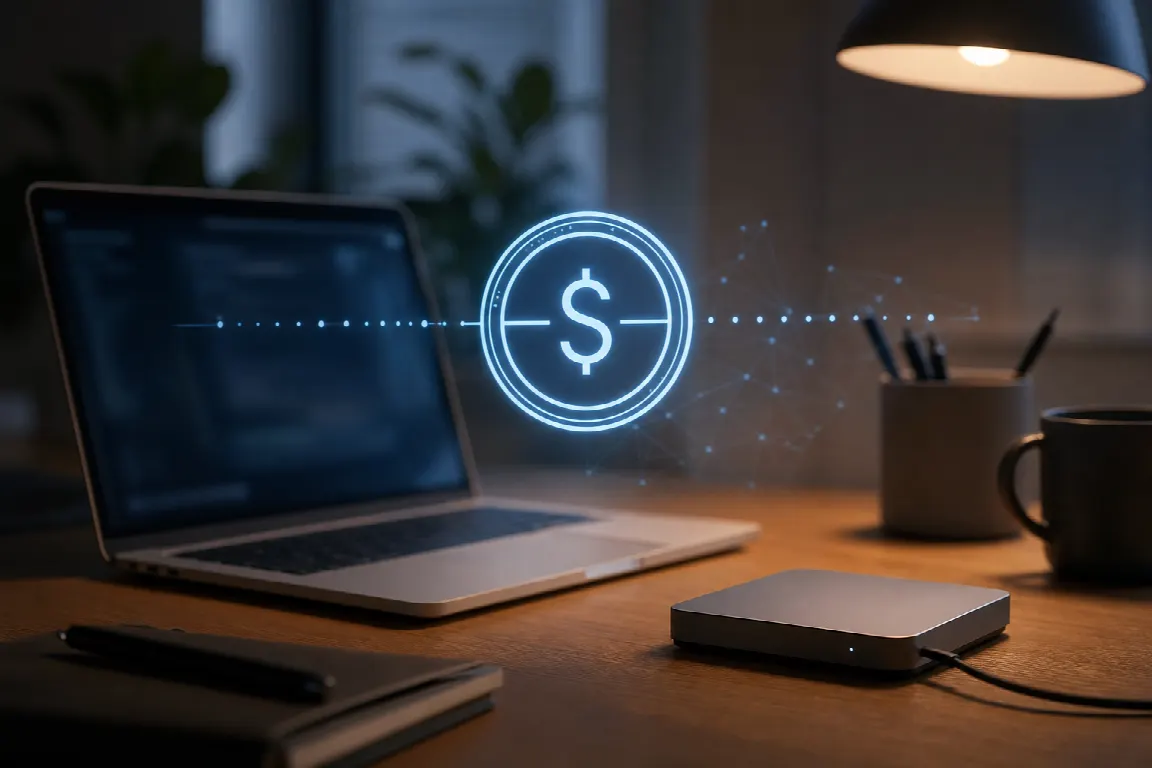 Digital token kopplad till en valutasymbol, illustrerad i minimalistisk fintech-stil