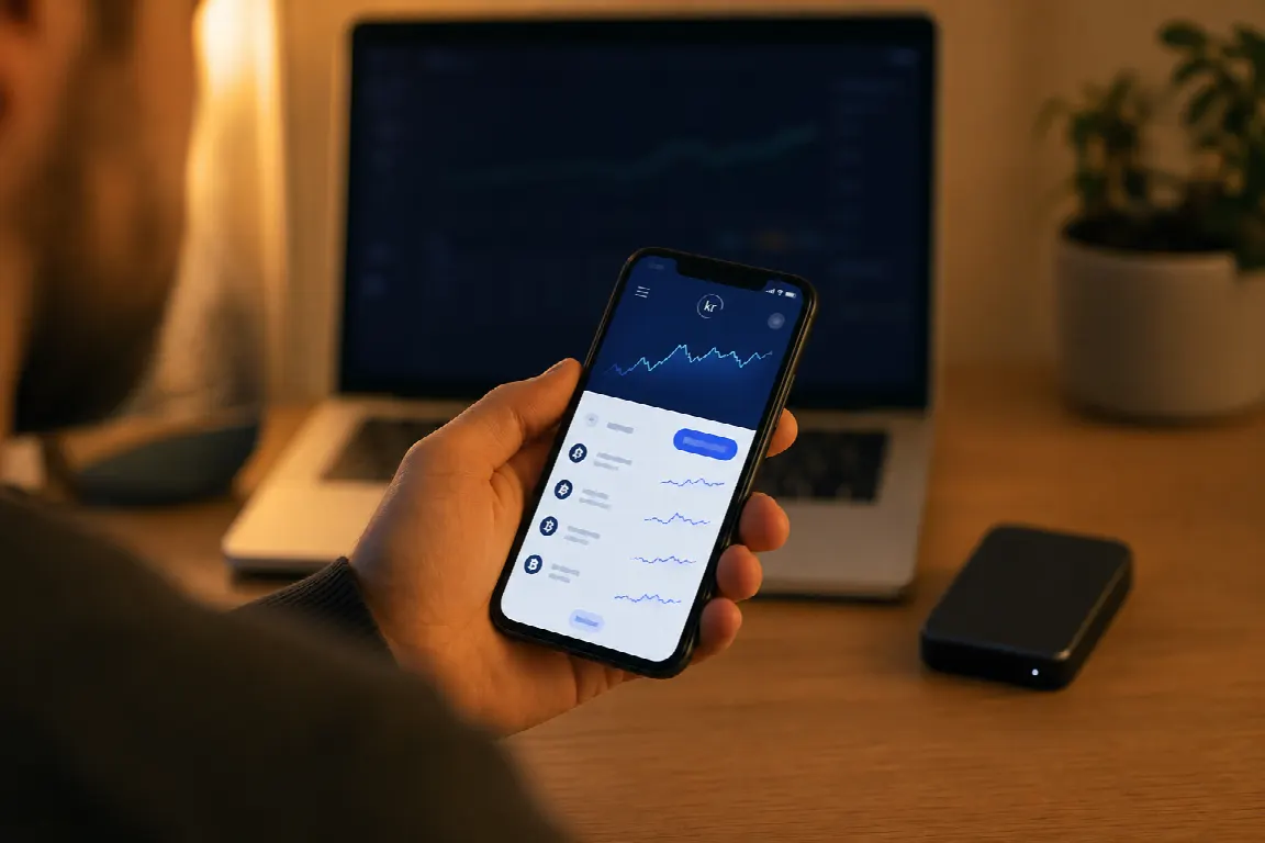 Kryptohandel på en mobilskärm med svensk kronsymbol, illustrerad i minimalistisk fintech-stil