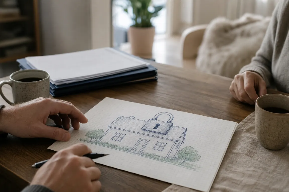 En fastighet med en inteckning symboliserad som ett bläckritat lås, ritad på millimeterpapper