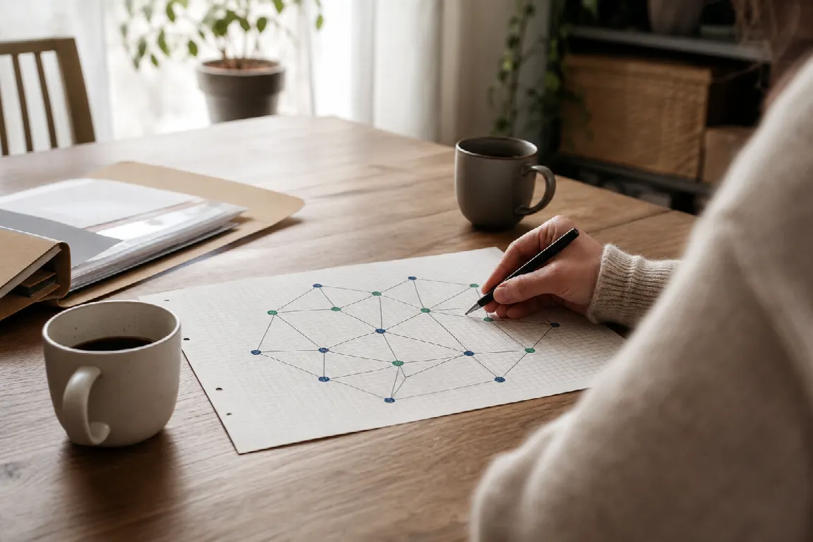 Ett nätverk av små sammanlänkade krediter illustrerat med bläckstreck på millimeterpapper
