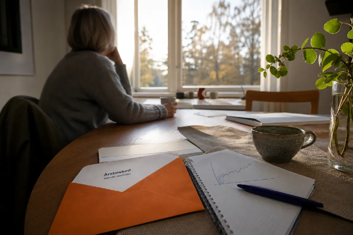 Ett orange kuvert med ett årsbesked, ritat i bläck på millimeterpapper