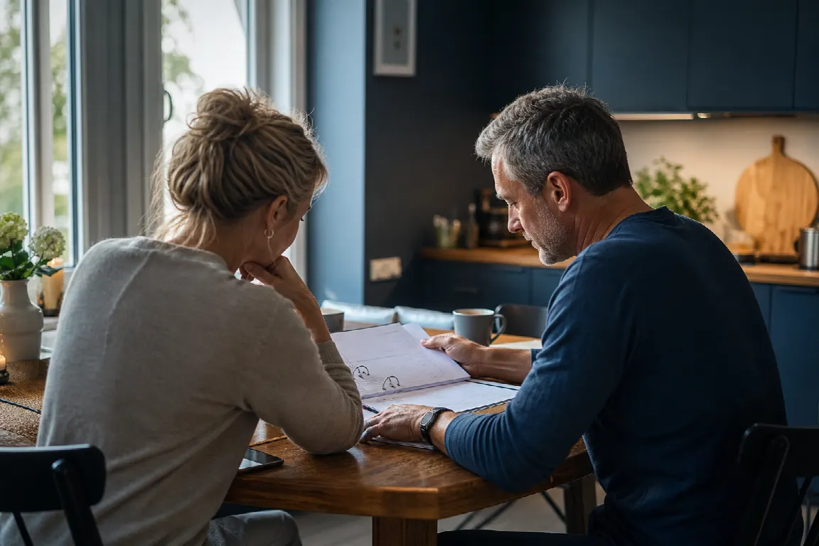Ett par som går igenom sina pensionshandlingar tillsammans vid köksbordet