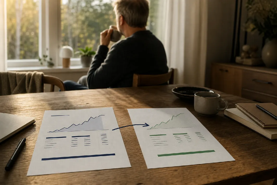Pensionskapital som flyttas mellan två kontoutdrag, symboliserat av en pil mellan två pappersark på ett skrivbord