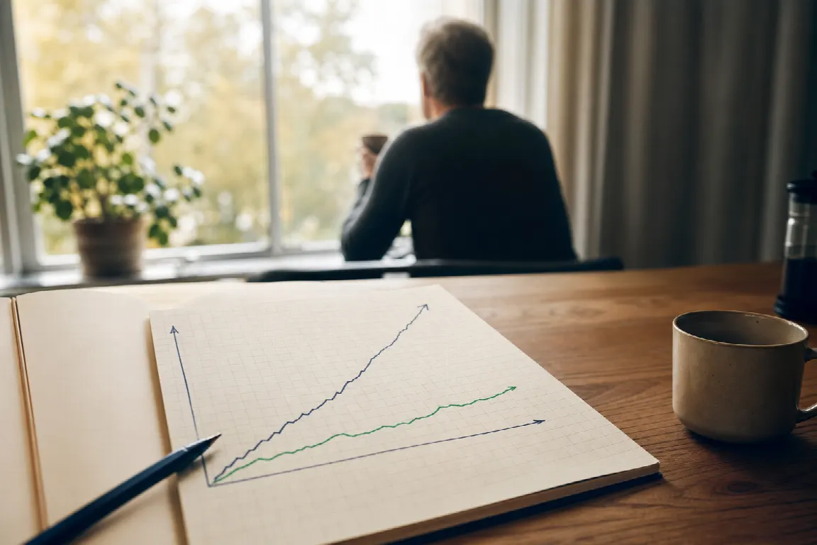 Två stiglinjer som representerar pensionssparande med hög respektive låg fondavgift, ritade sida vid sida
