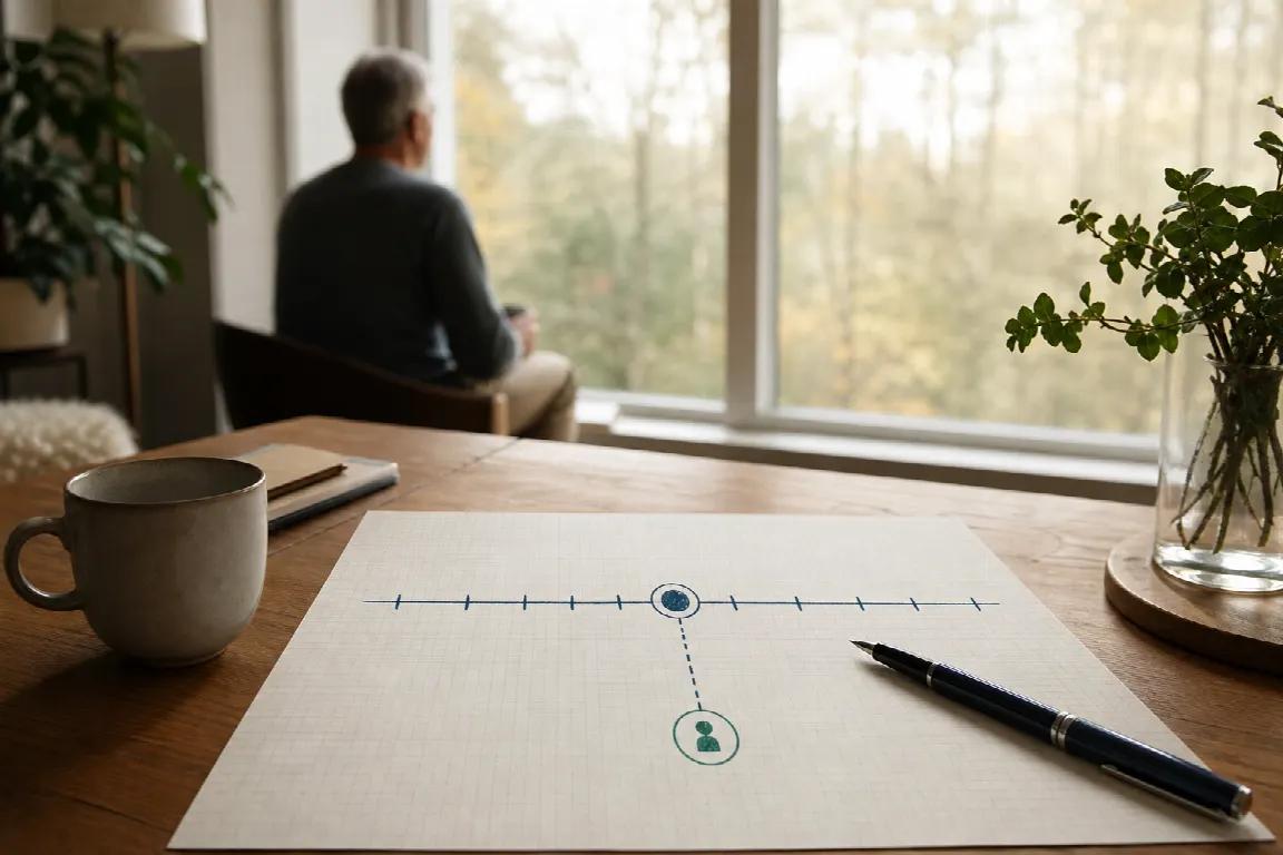 En tidslinje med en markerad punkt som symboliserar uttagsdagen, ritad med bläckstreck på millimeterpapper