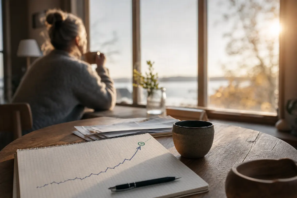 En enkel kurva som pekar mot en markerad punkt vid pensionsåldern, ritad med bläckstreck på millimeterpapper för att symbolisera en pensionsprognos