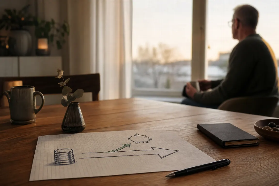 En löneutbetalning ritad som en pil som delar sig, där en mindre gren leder till en sparbössa som symboliserar tjänstepensionen