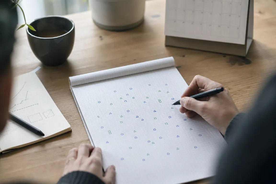 Handritad illustration på millimeterpapper av flera små symboler spridda över ett rutnät, för att illustrera riskspridning