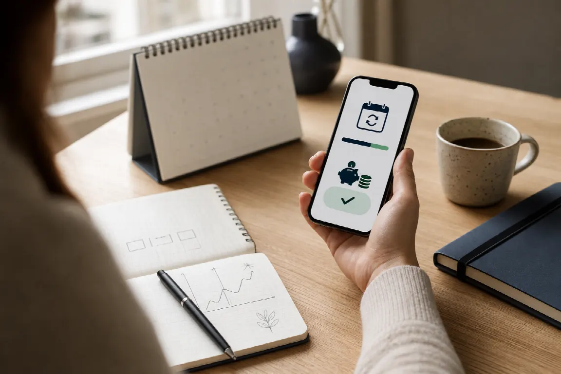 Mobilskärm som visar ett automatiskt månadssparande med återkommande överföring