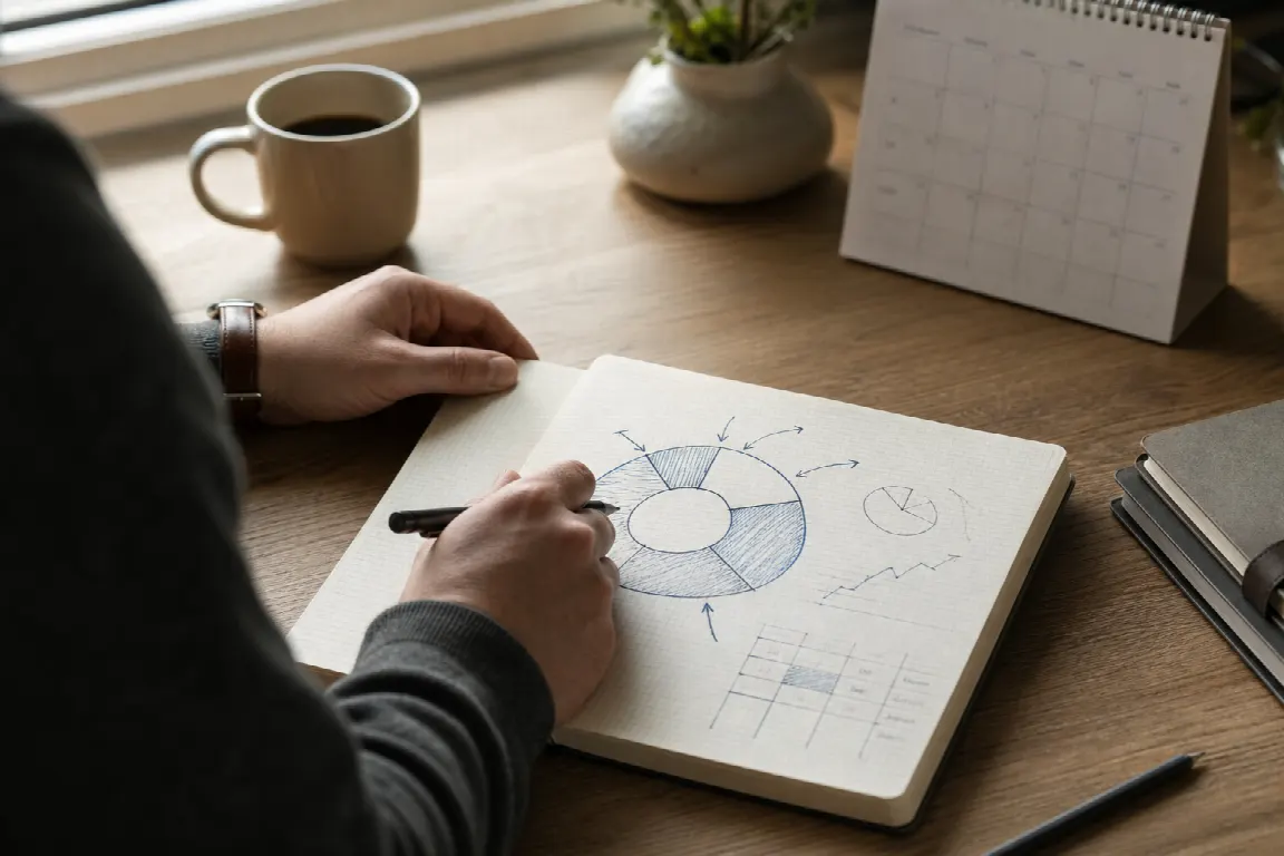 En portföljfördelning ritad som cirkeldiagram med pilar som visar hur andelarna glidit iväg från målnivån